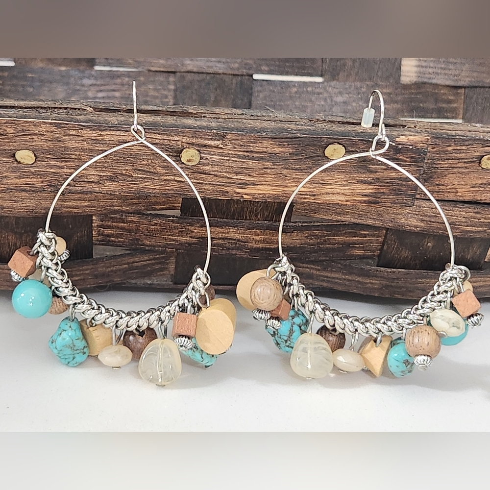 Silver and Turquoise Beaded Hoop Earrings By M. Haskell - Picture 10 of 10